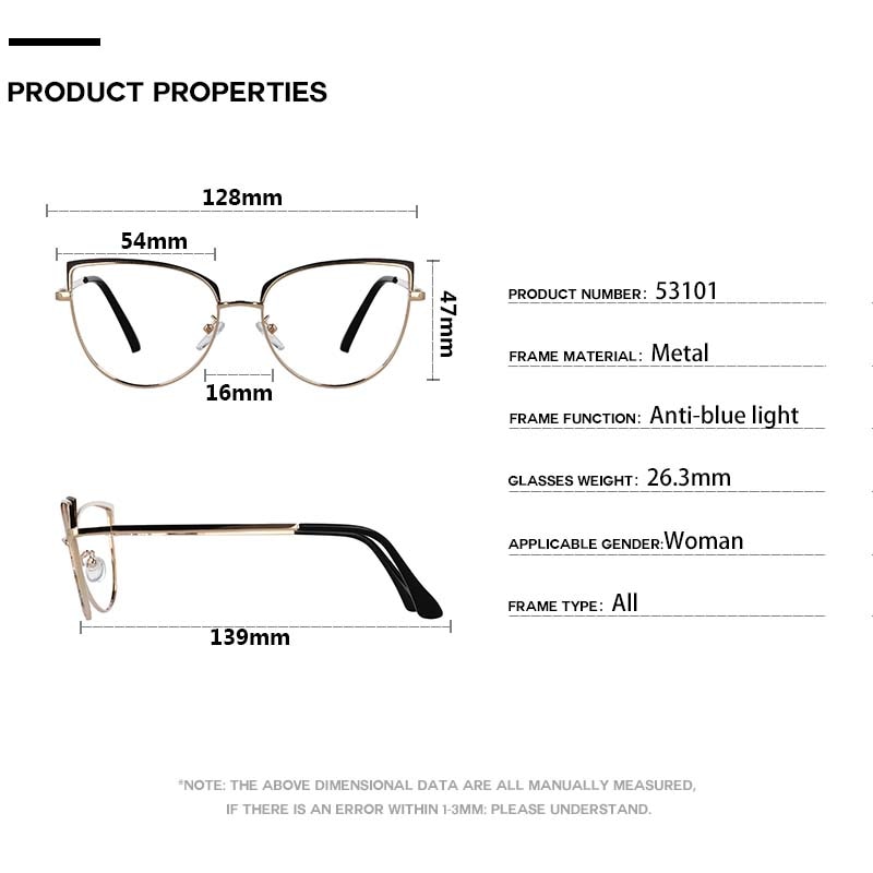 Cat Eye Glasses, Anti Blue Light Metal Frames Brand Women