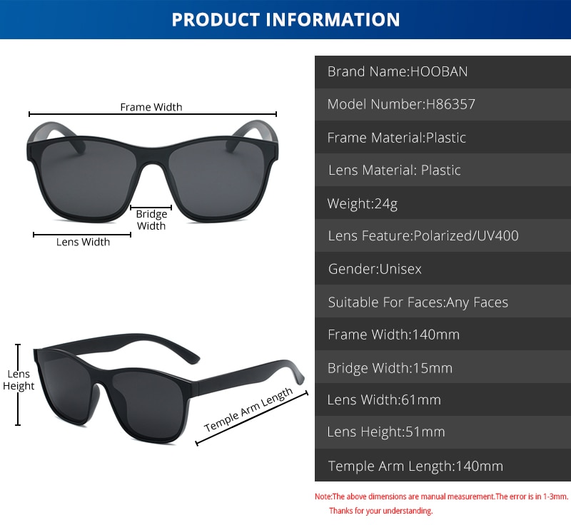 New Square Polarized Sunglasses Unsex Fashion HOOBAN Brand Design One-piece Lens UV400