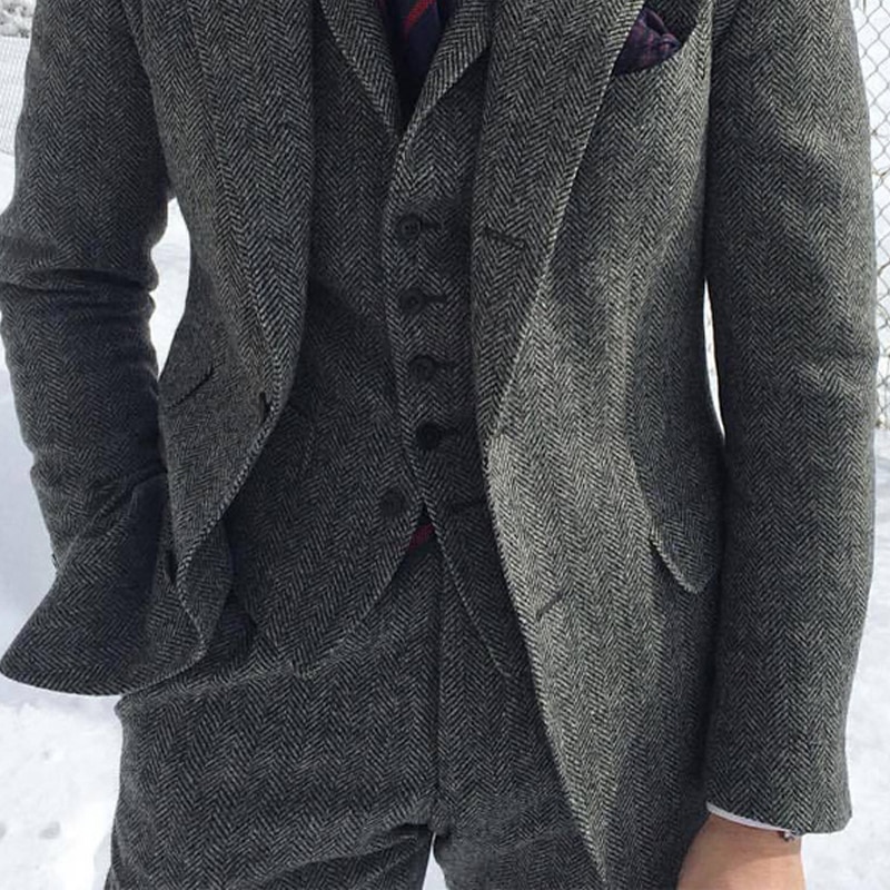 Gray Wool Tweed Winter Men Suits For Wedding Formal Groom Tuxedo Herringbone Male Fashion (Jacket+Vest+Pants+Tie)