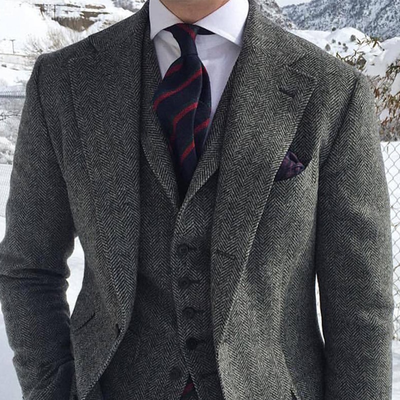 Gray Wool Tweed Winter Men Suits For Wedding Formal Groom Tuxedo Herringbone Male Fashion (Jacket+Vest+Pants+Tie)
