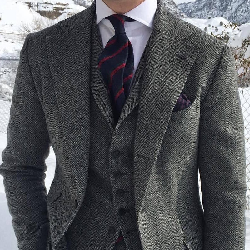 Gray Wool Tweed Winter Men Suits For Wedding Formal Groom Tuxedo Herringbone Male Fashion (Jacket+Vest+Pants+Tie)