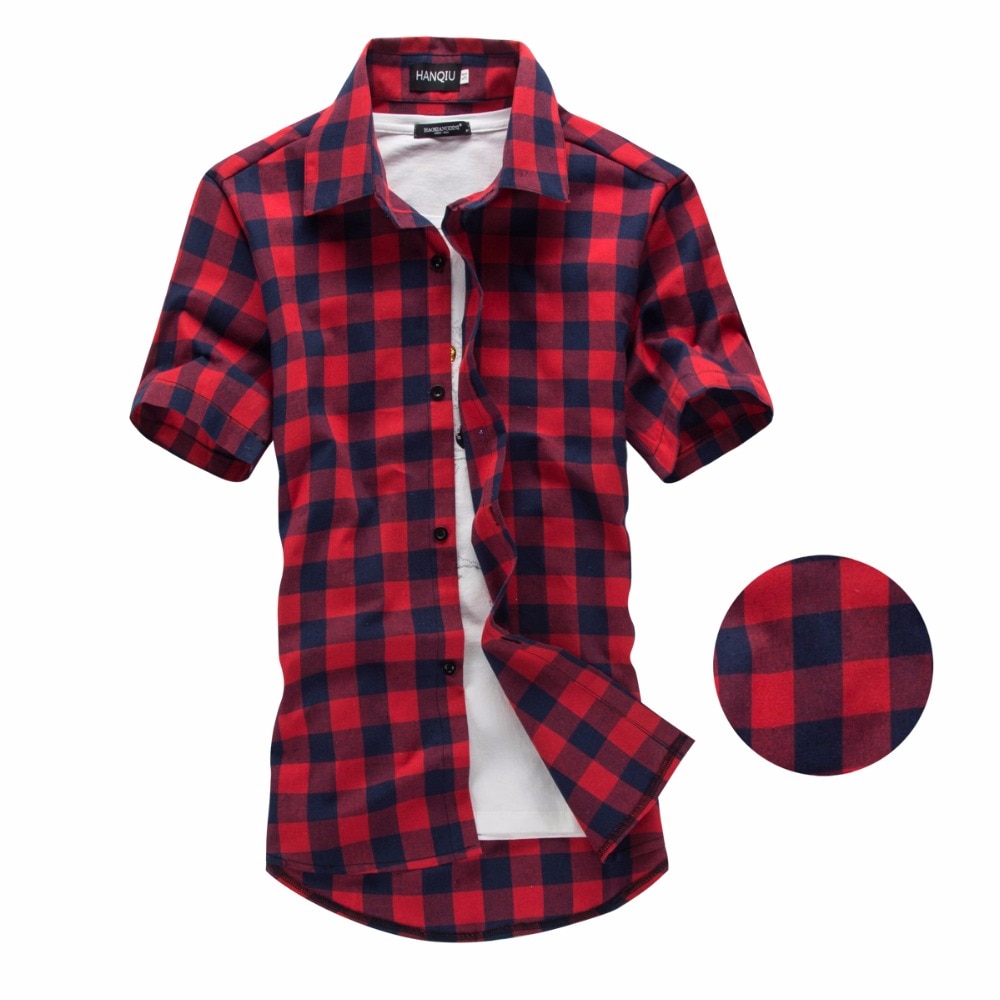 Red And Black Plaid Shirt Men Shirts Fashion Chemise Homme Short Sleeve