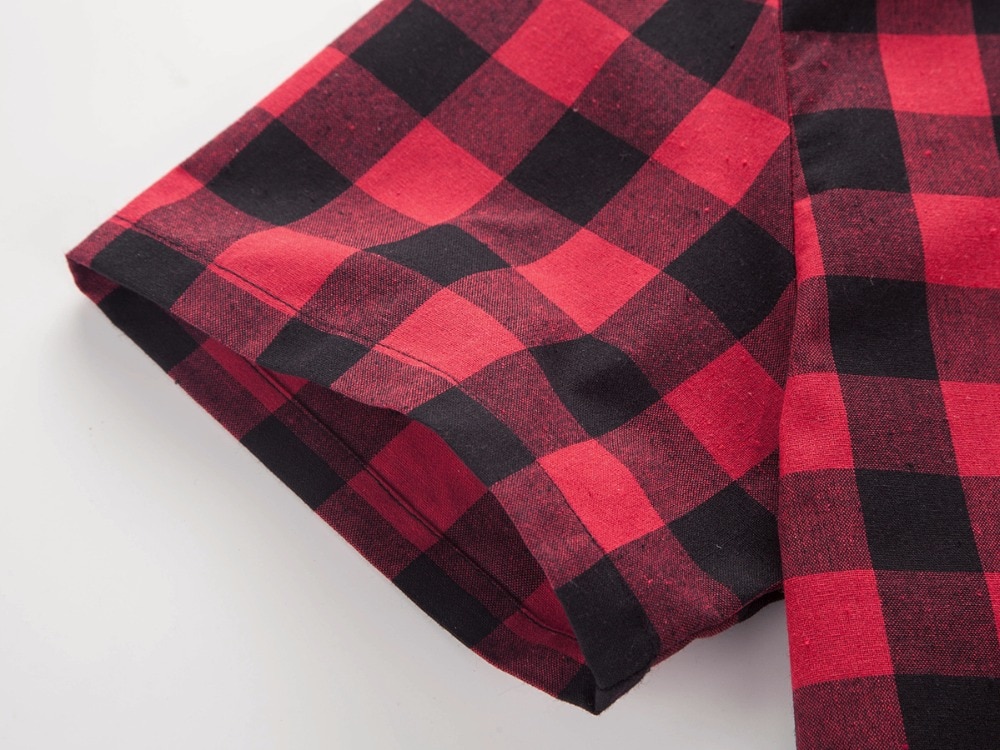 Red And Black Plaid Shirt Men Shirts Fashion Chemise Homme Short Sleeve