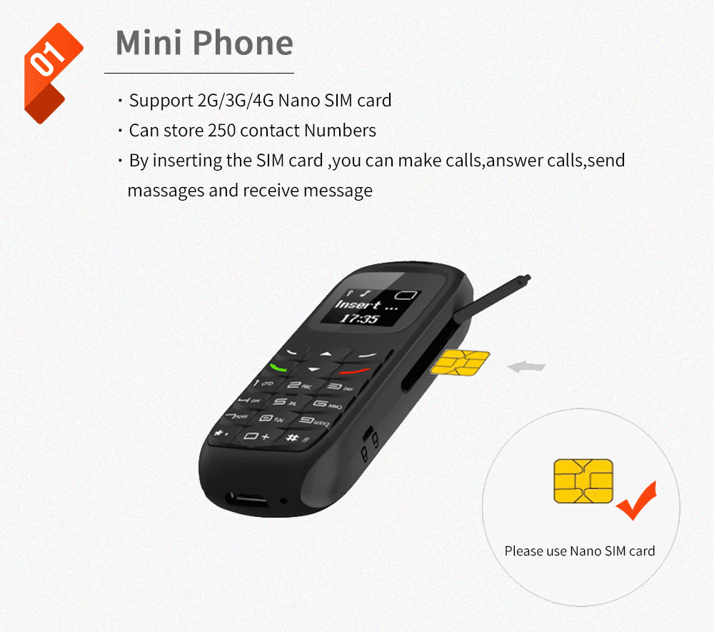 الهاتف الصغير يدعم البلتوث و شريحة اتصال Mini Mobile Phone Wireless Bluetooth Earphone Stereo GSM Unlocked Phone Super Thin