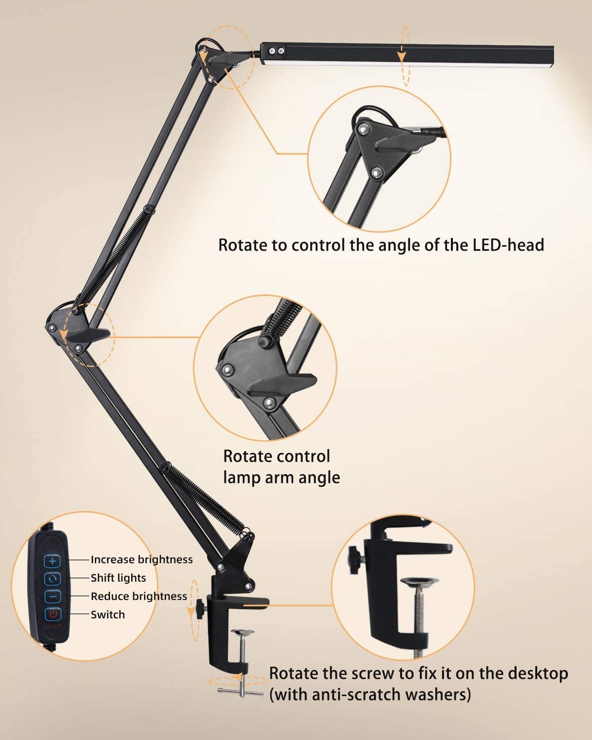 LED Desk Lamp with Clamp, Eye-Care Dimmable Reading Light, 3 Color Modes Swing Arm Lamp LED Desk Lamp with Clamp, Eye-Care Dimmable Reading Light, 3 Color Modes Swing Arm Lamp