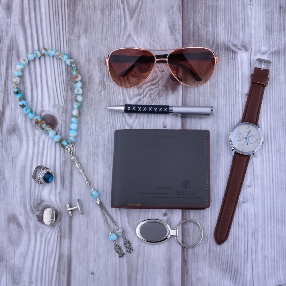 Gift Box Men's set 6pcs/Creative Combination Of Quartz Watch Sunglasses Rosary Keychain Pen