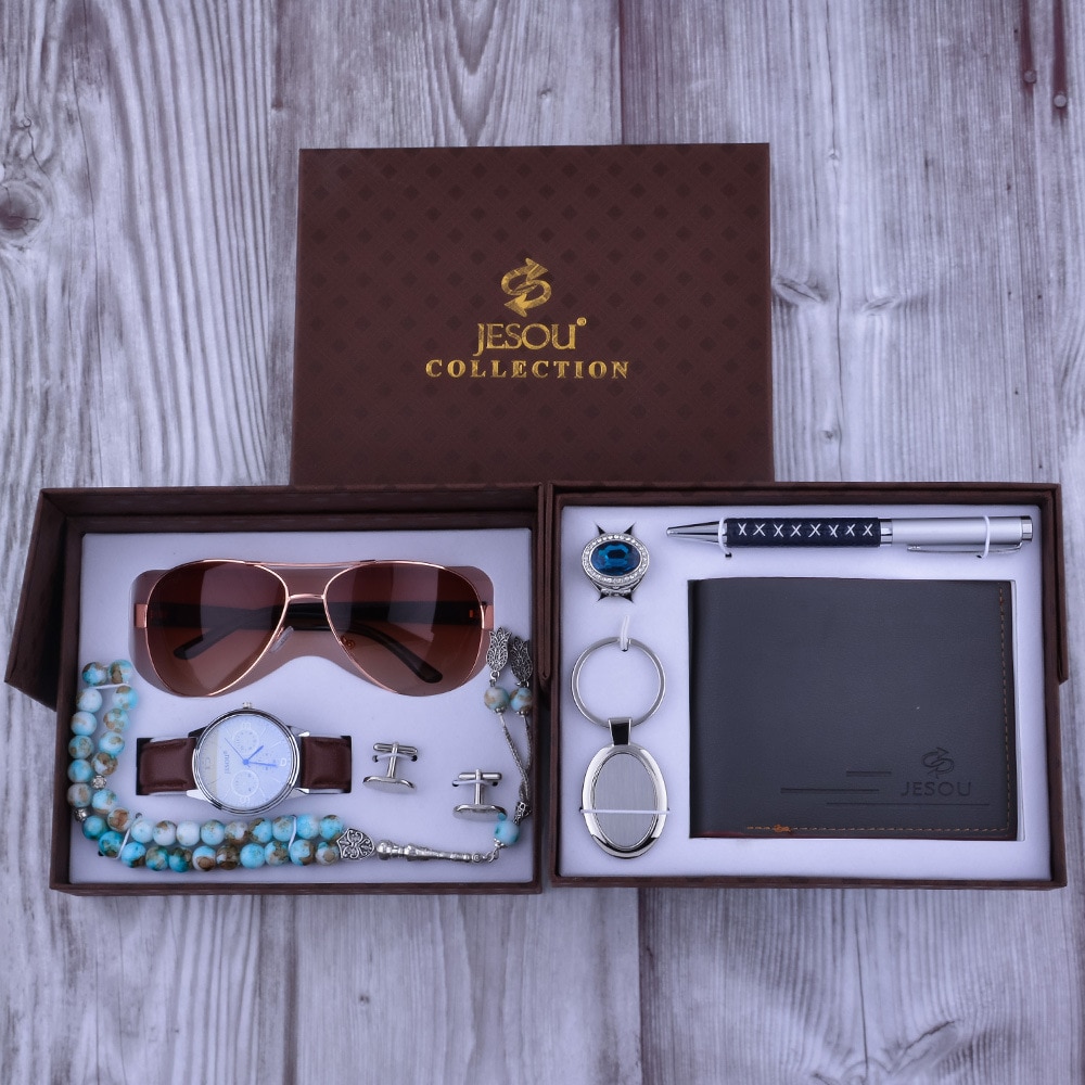 Gift Box Men's set 6pcs/Creative Combination Of Quartz Watch Sunglasses Rosary Keychain Pen