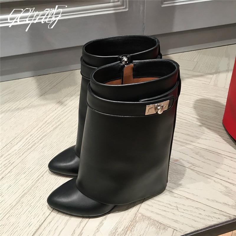 Luxury Shark Boots Leather Women Knee-high Boots Pointed Toe High Heel Wedge Designer Shoes