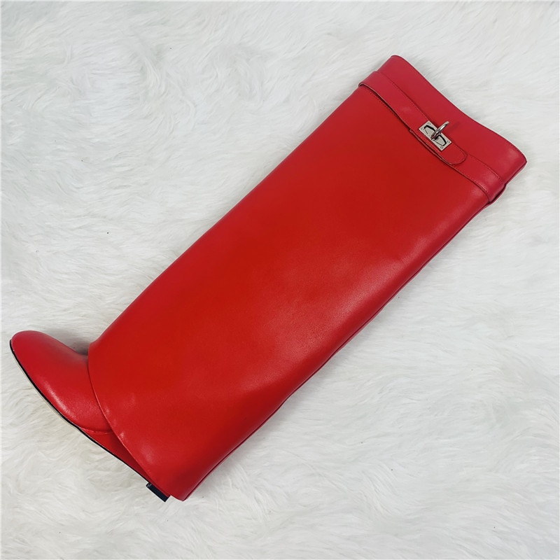 Luxury Shark Boots Leather Women Knee-high Boots Pointed Toe High Heel Wedge Designer Shoes