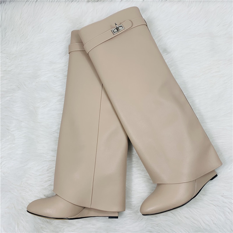 Luxury Shark Boots Leather Women Knee-high Boots Pointed Toe High Heel Wedge Designer Shoes