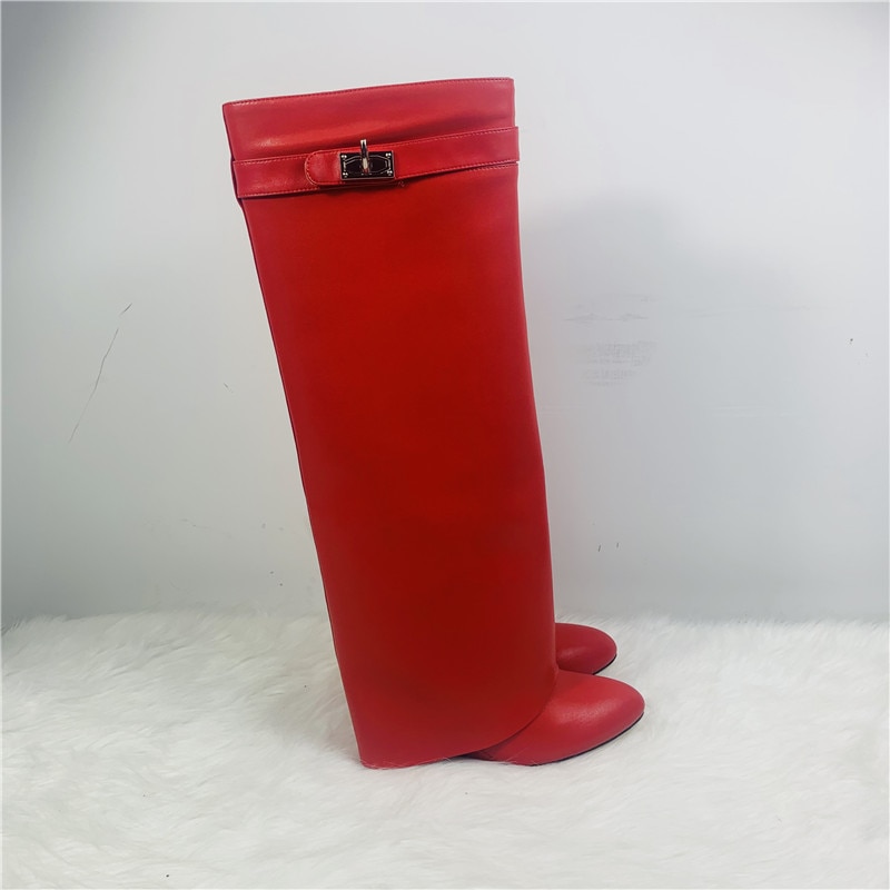 Luxury Shark Boots Leather Women Knee-high Boots Pointed Toe High Heel Wedge Designer Shoes