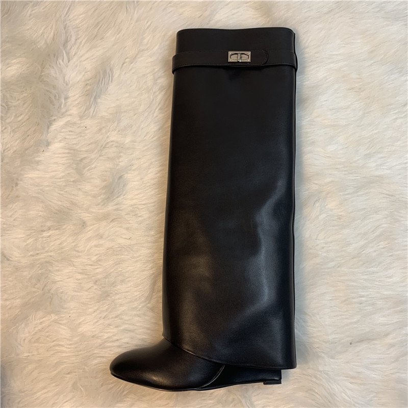 Luxury Shark Boots Leather Women Knee-high Boots Pointed Toe High Heel Wedge Designer Shoes