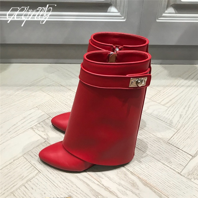 Luxury Shark Boots Leather Women Knee-high Boots Pointed Toe High Heel Wedge Designer Shoes