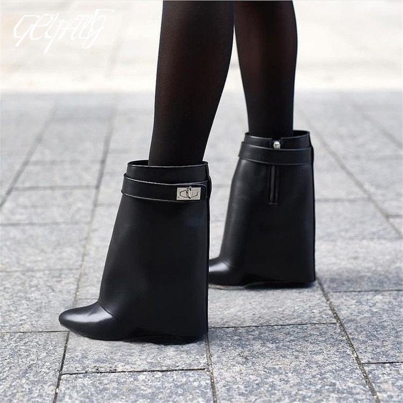 Luxury Shark Boots Leather Women Knee-high Boots Pointed Toe High Heel Wedge Designer Shoes
