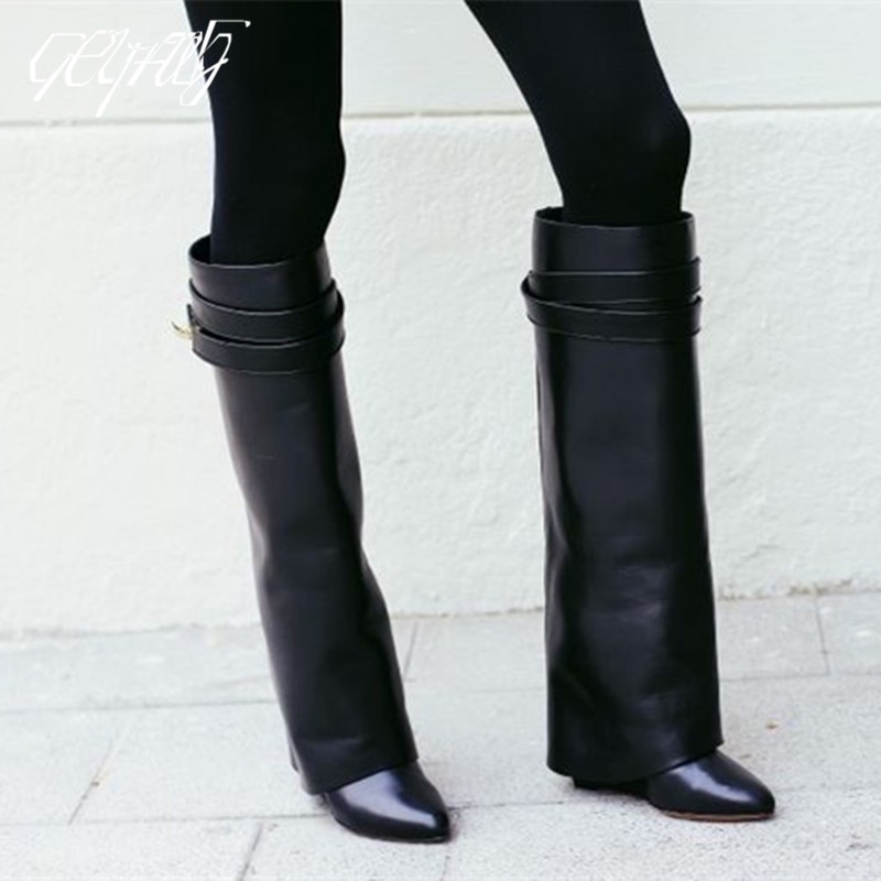 Luxury Shark Boots Leather Women Knee-high Boots Pointed Toe High Heel Wedge Designer Shoes
