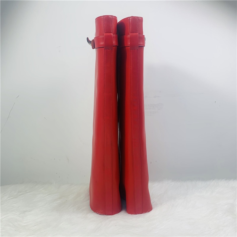 Luxury Shark Boots Leather Women Knee-high Boots Pointed Toe High Heel Wedge Designer Shoes