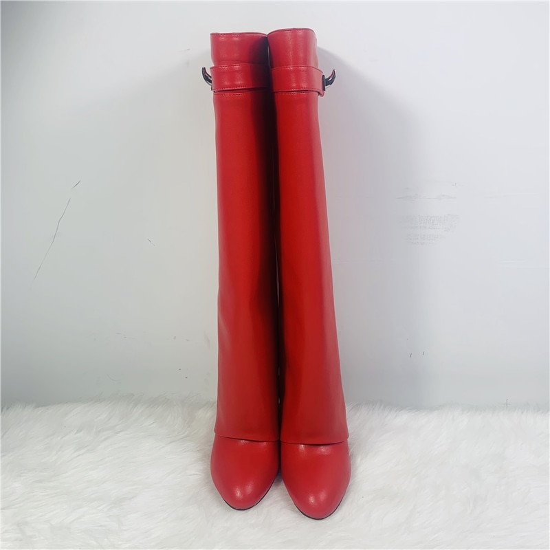 Luxury Shark Boots Leather Women Knee-high Boots Pointed Toe High Heel Wedge Designer Shoes