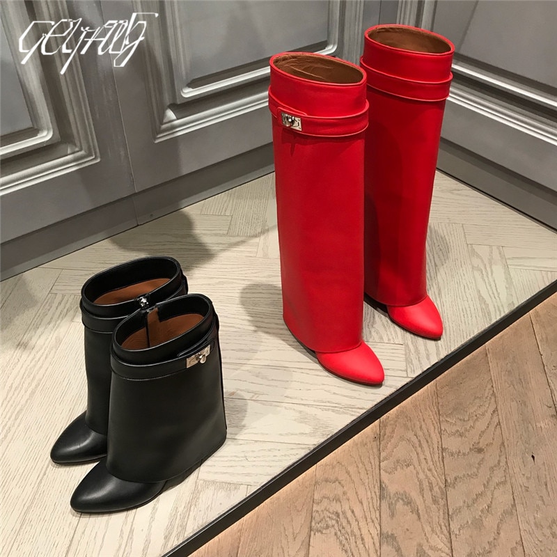 Luxury Shark Boots Leather Women Knee-high Boots Pointed Toe High Heel Wedge Designer Shoes