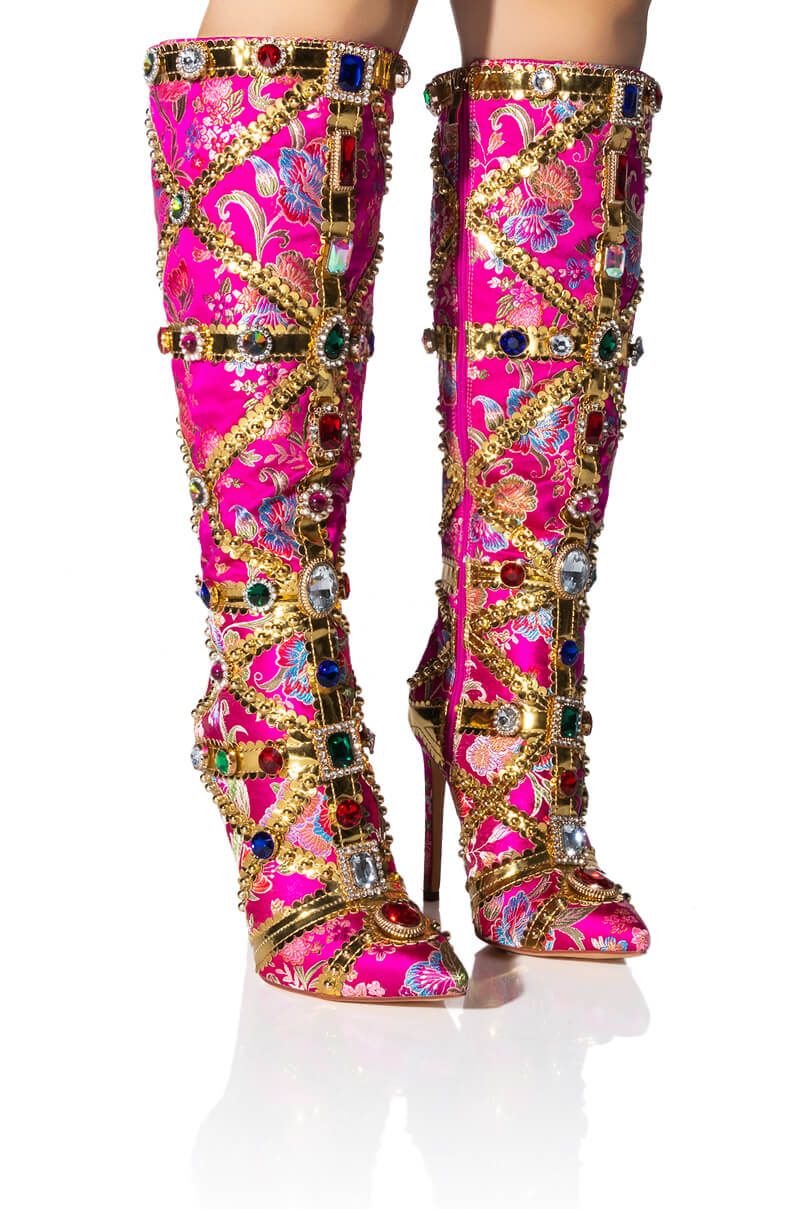 Crystal Long Boots Buckle Mental Heels Side Zipper Colorful Over the Knee High Heel New