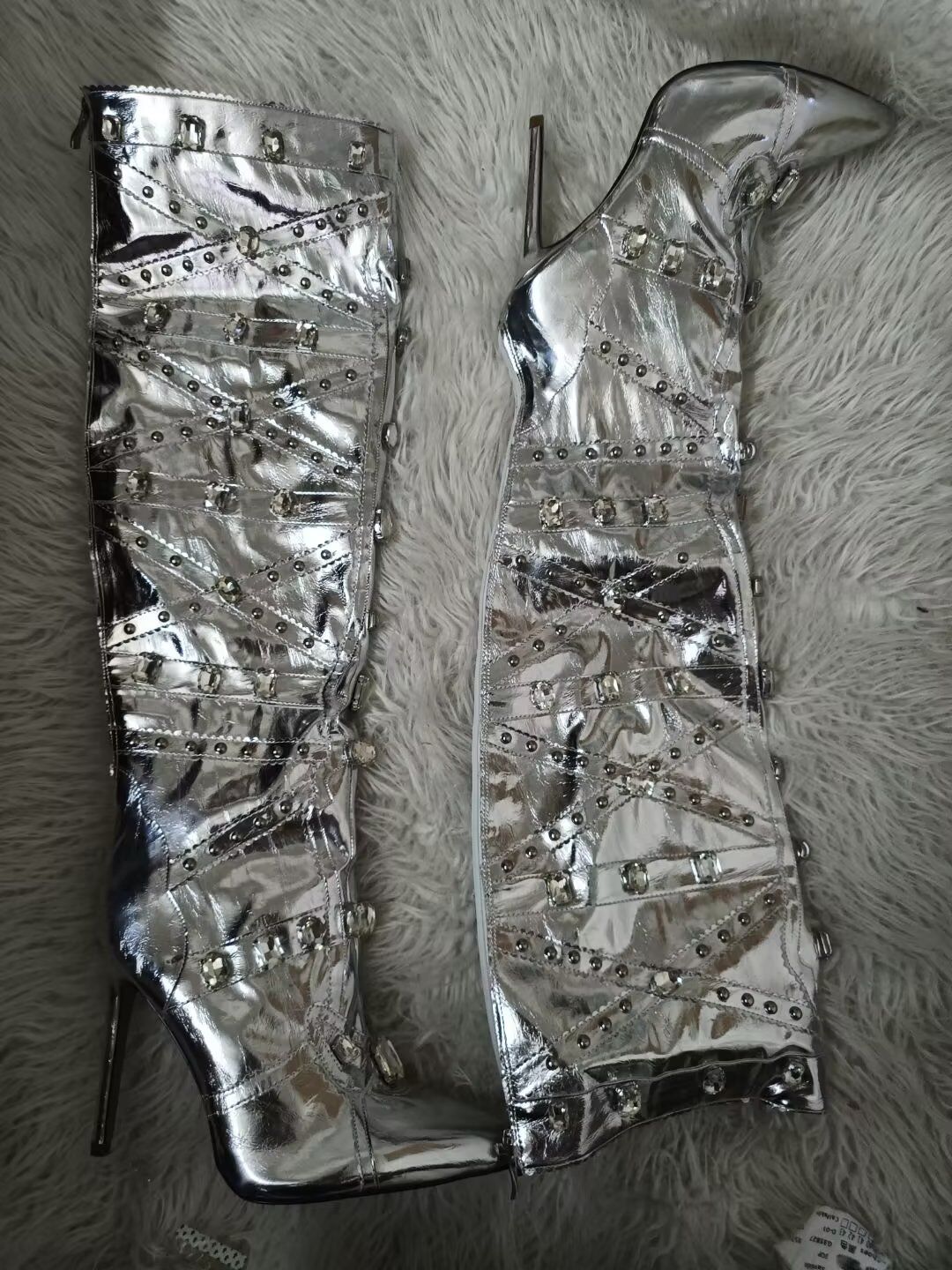 Crystal Long Boots Buckle Mental Heels Side Zipper Colorful Over the Knee High Heel New