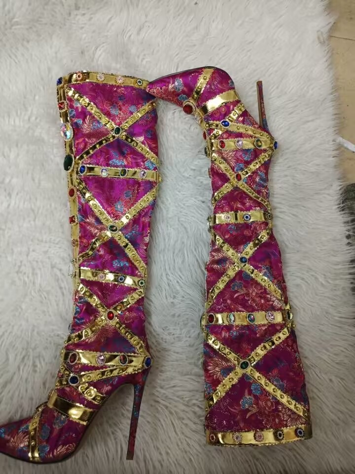Crystal Long Boots Buckle Mental Heels Side Zipper Colorful Over the Knee High Heel New