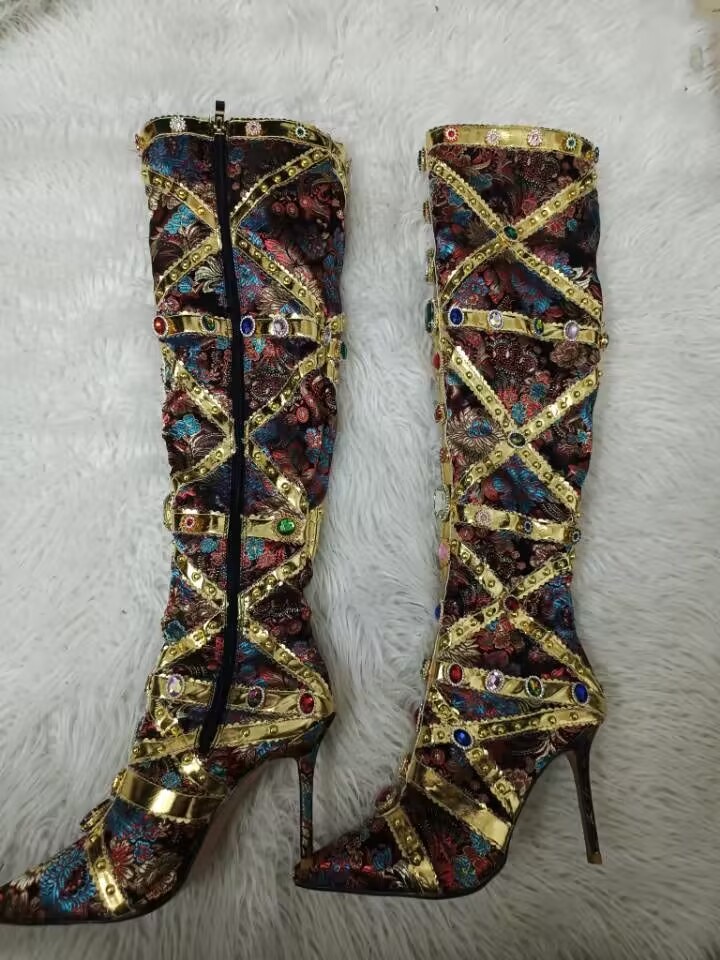 Crystal Long Boots Buckle Mental Heels Side Zipper Colorful Over the Knee High Heel New