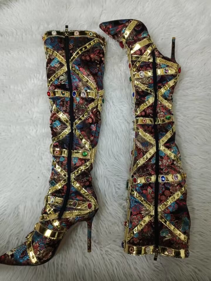Crystal Long Boots Buckle Mental Heels Side Zipper Colorful Over the Knee High Heel New