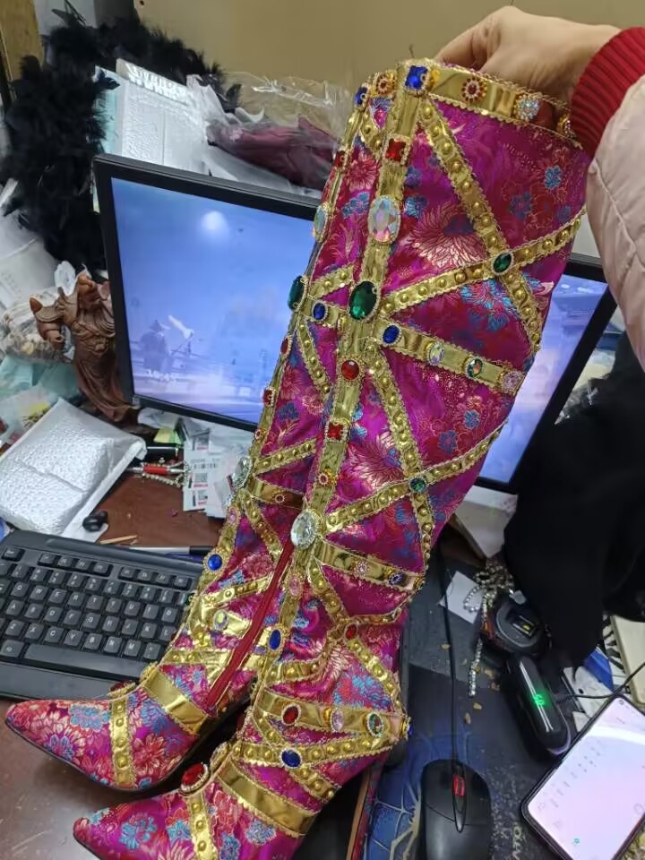 Crystal Long Boots Buckle Mental Heels Side Zipper Colorful Over the Knee High Heel New