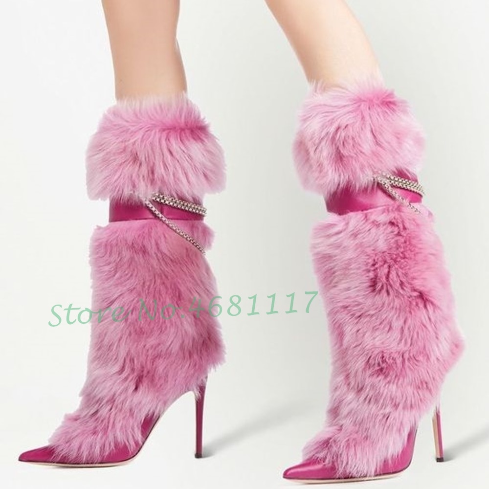 Knee High Boots Women Trends Luxury Fluff Metal Chain High Heels Fur Fashion Snow Boots