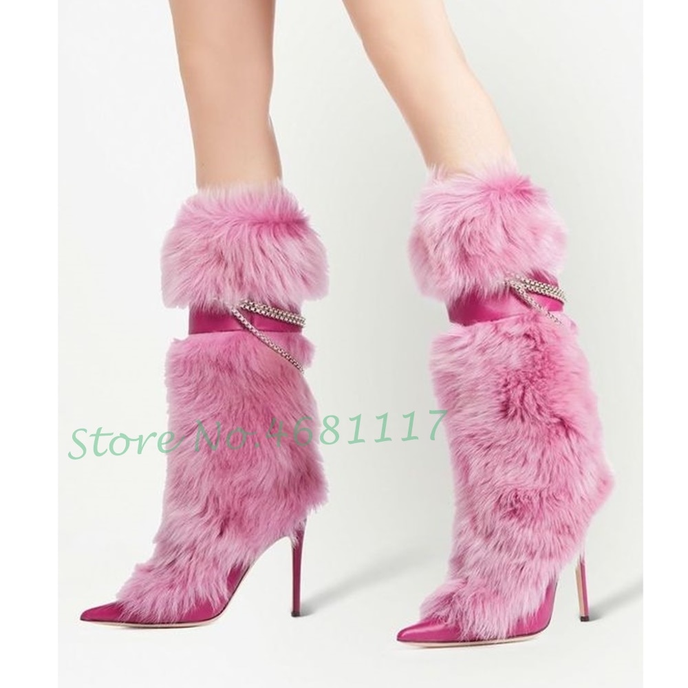Knee High Boots Women Trends Luxury Fluff Metal Chain High Heels Fur Fashion Snow Boots