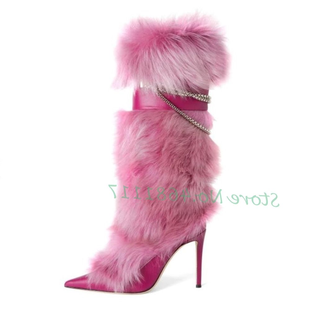 Knee High Boots Women Trends Luxury Fluff Metal Chain High Heels Fur Fashion Snow Boots