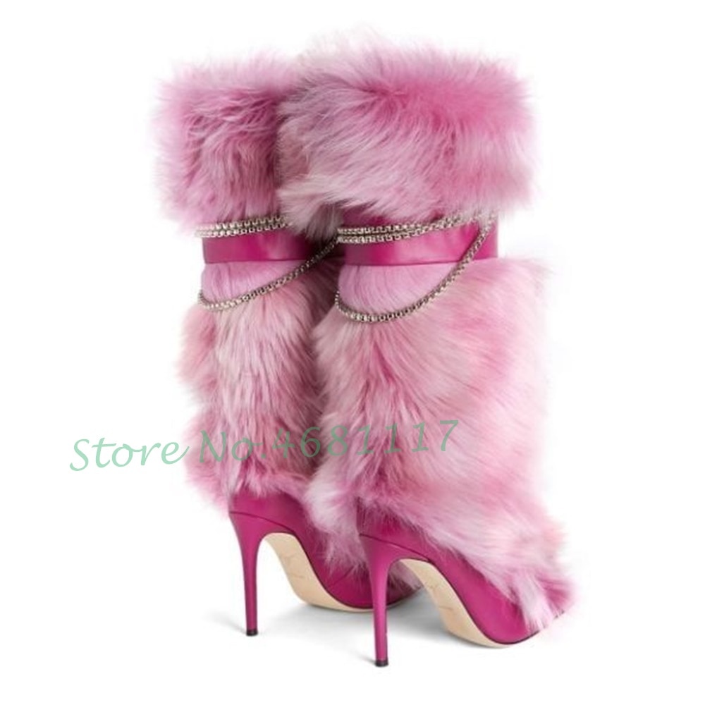 Knee High Boots Women Trends Luxury Fluff Metal Chain High Heels Fur Fashion Snow Boots