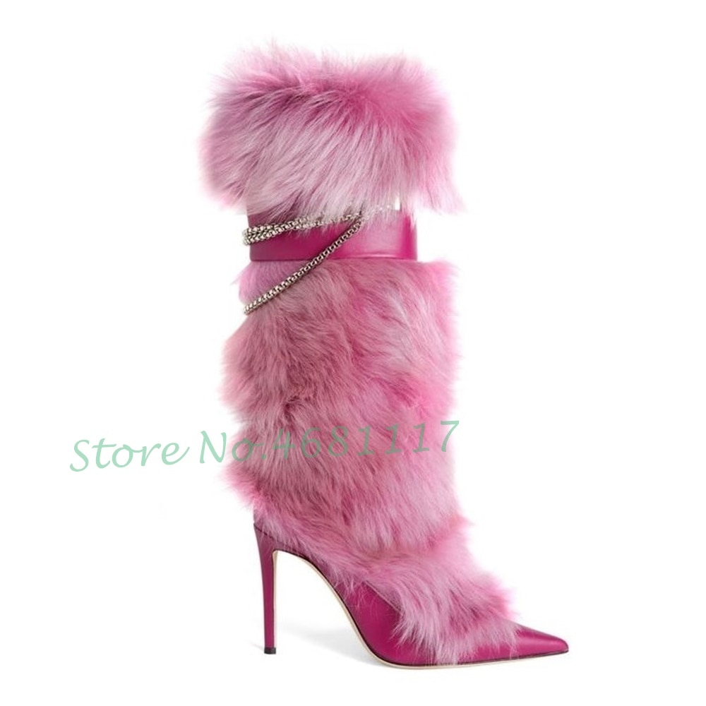 Knee High Boots Women Trends Luxury Fluff Metal Chain High Heels Fur Fashion Snow Boots