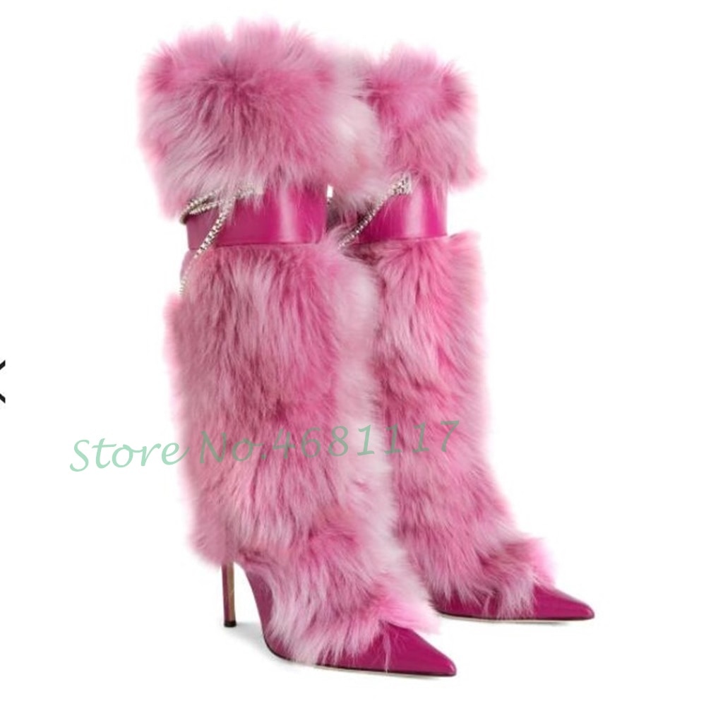 Knee High Boots Women Trends Luxury Fluff Metal Chain High Heels Fur Fashion Snow Boots