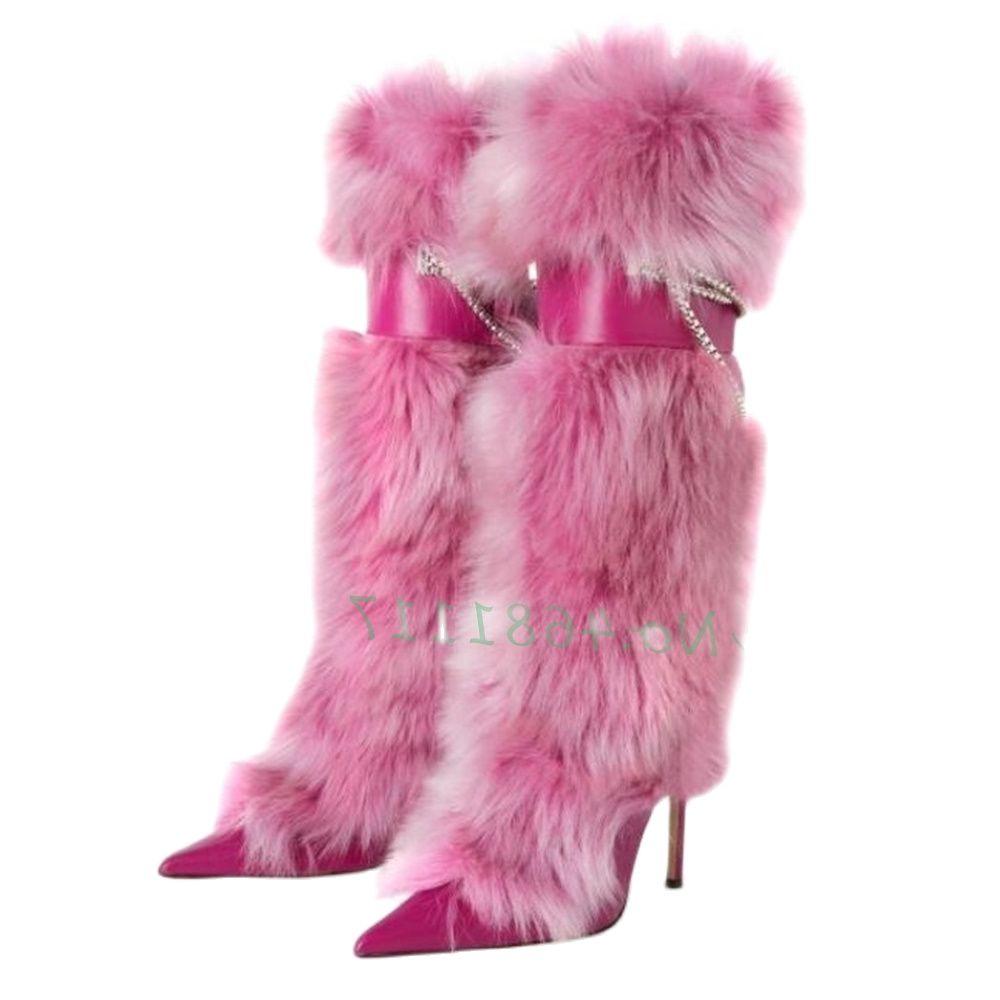 Knee High Boots Women Trends Luxury Fluff Metal Chain High Heels Fur Fashion Snow Boots