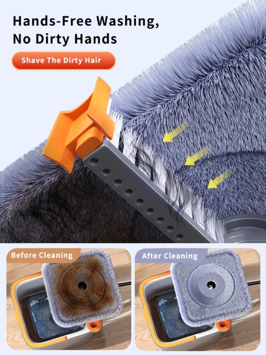 Spin Mop With Bucket Hand-Free Squeeze Mop Automatic Magic Floor Mop Self-Cleaning Nano Microfiber Cloth Square Mop - Image 3