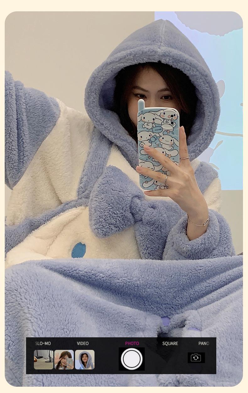 Cute Cinnamoroll Pajamas Flannel Soft Fur Anime Style Students Long Pajamas Gift Set