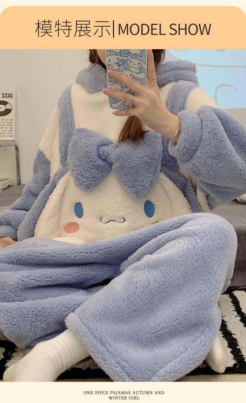 Cute Cinnamoroll Pajamas Flannel Soft Fur Anime Style Students Long Pajamas Gift Set