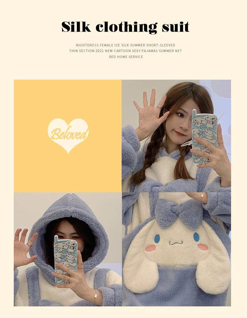 Cute Cinnamoroll Pajamas Flannel Soft Fur Anime Style Students Long Pajamas Gift Set