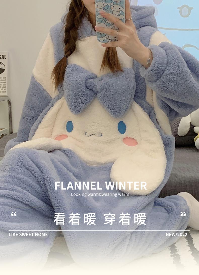 Cute Cinnamoroll Pajamas Flannel Soft Fur Anime Style Students Long Pajamas Gift Set