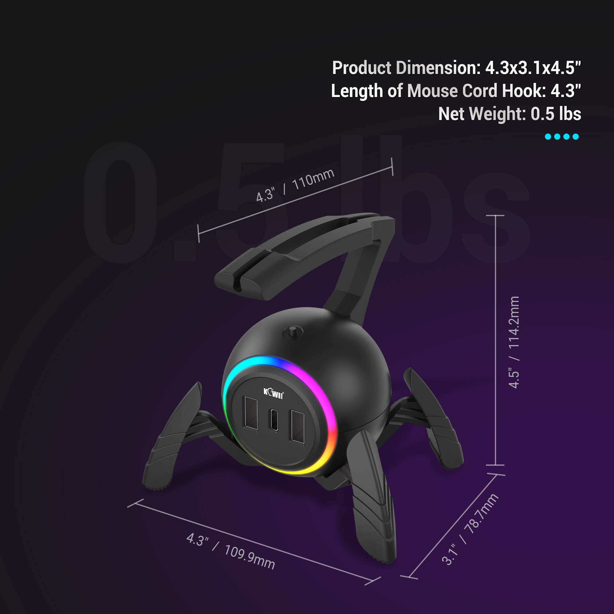 Gaming Mouse Cable Holder Bungee Winder Flexible Cord Clip for Esports Gaming with 2-USB ports+Type-C port