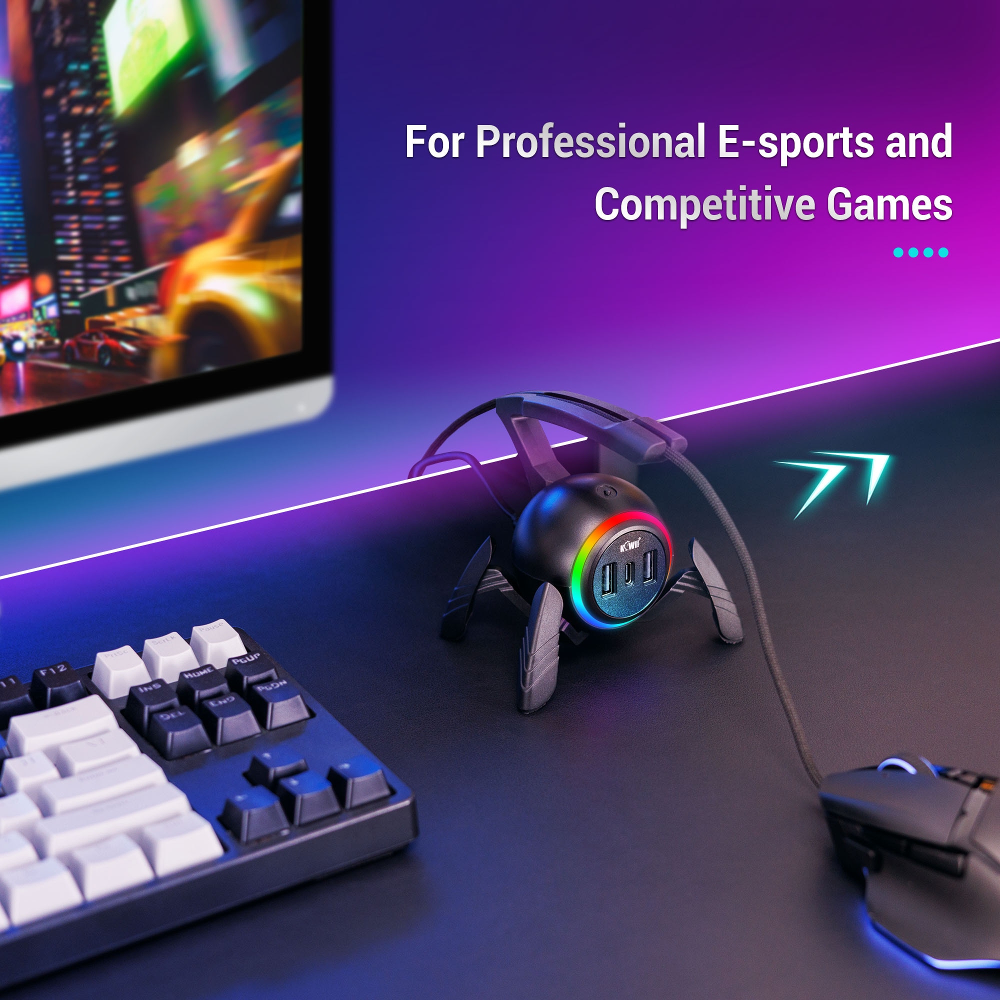 Gaming Mouse Cable Holder Bungee Winder Flexible Cord Clip for Esports Gaming with 2-USB ports+Type-C port