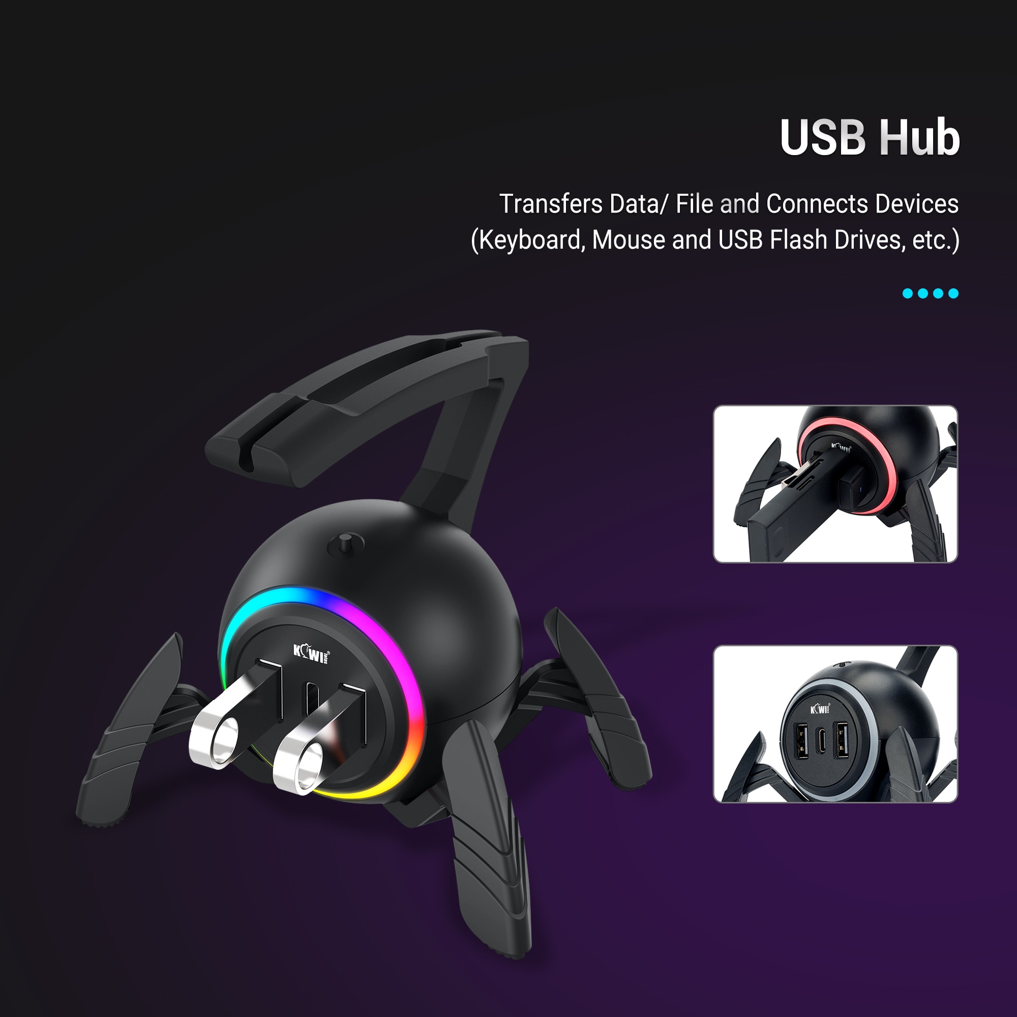 Gaming Mouse Cable Holder Bungee Winder Flexible Cord Clip for Esports Gaming with 2-USB ports+Type-C port