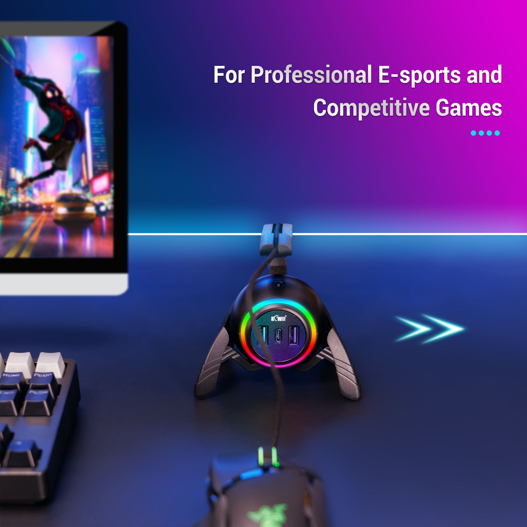 Gaming Mouse Cable Holder Bungee Winder Flexible Cord Clip for Esports Gaming with 2-USB ports+Type-C port