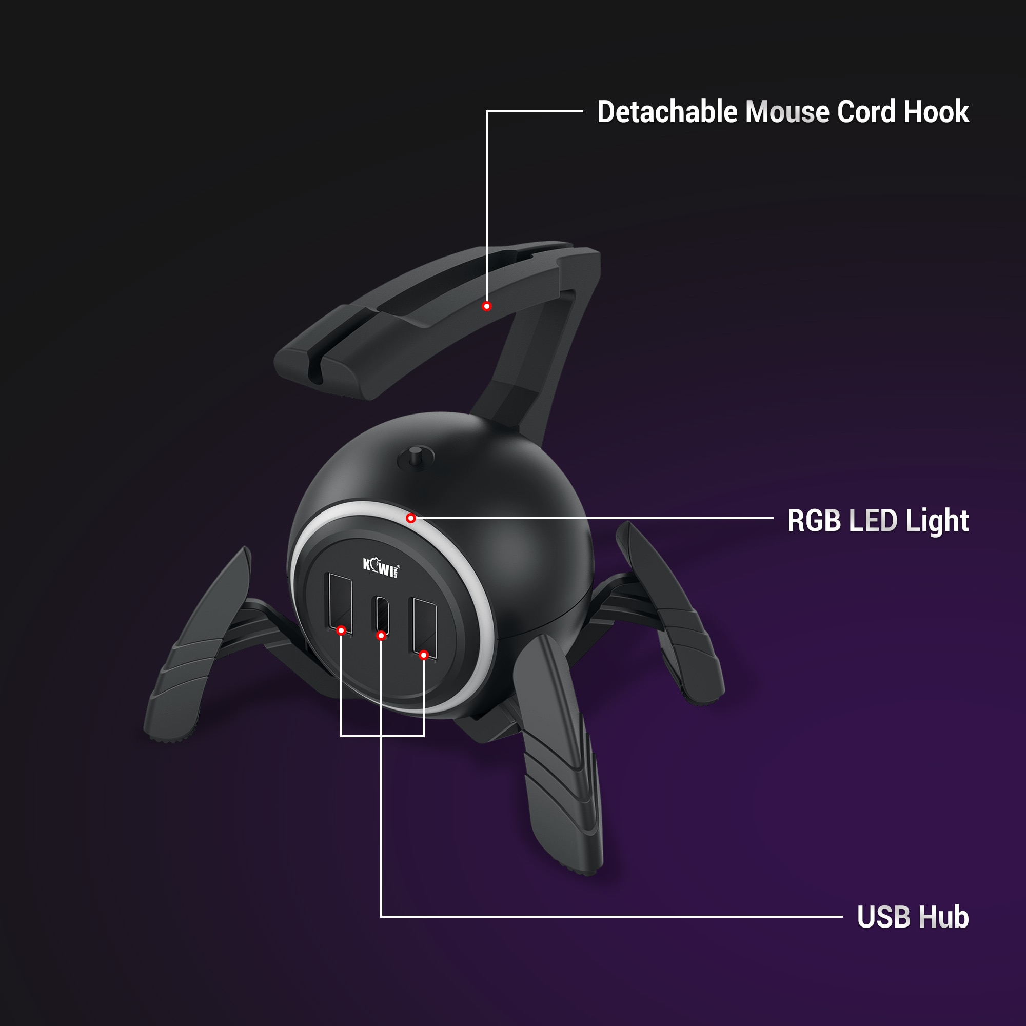 Gaming Mouse Cable Holder Bungee Winder Flexible Cord Clip for Esports Gaming with 2-USB ports+Type-C port