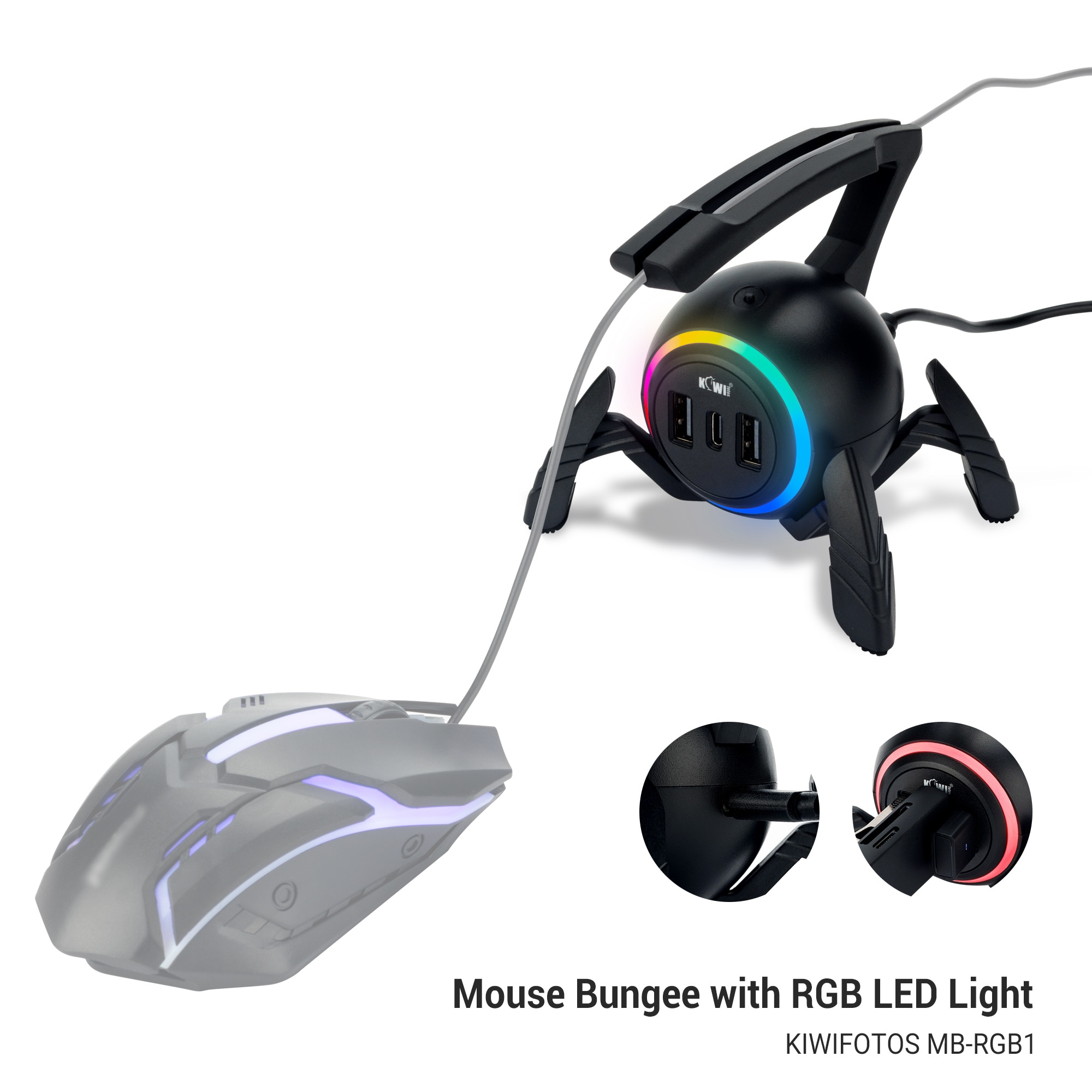 Gaming Mouse Cable Holder Bungee Winder Flexible Cord Clip for Esports Gaming with 2-USB ports+Type-C port