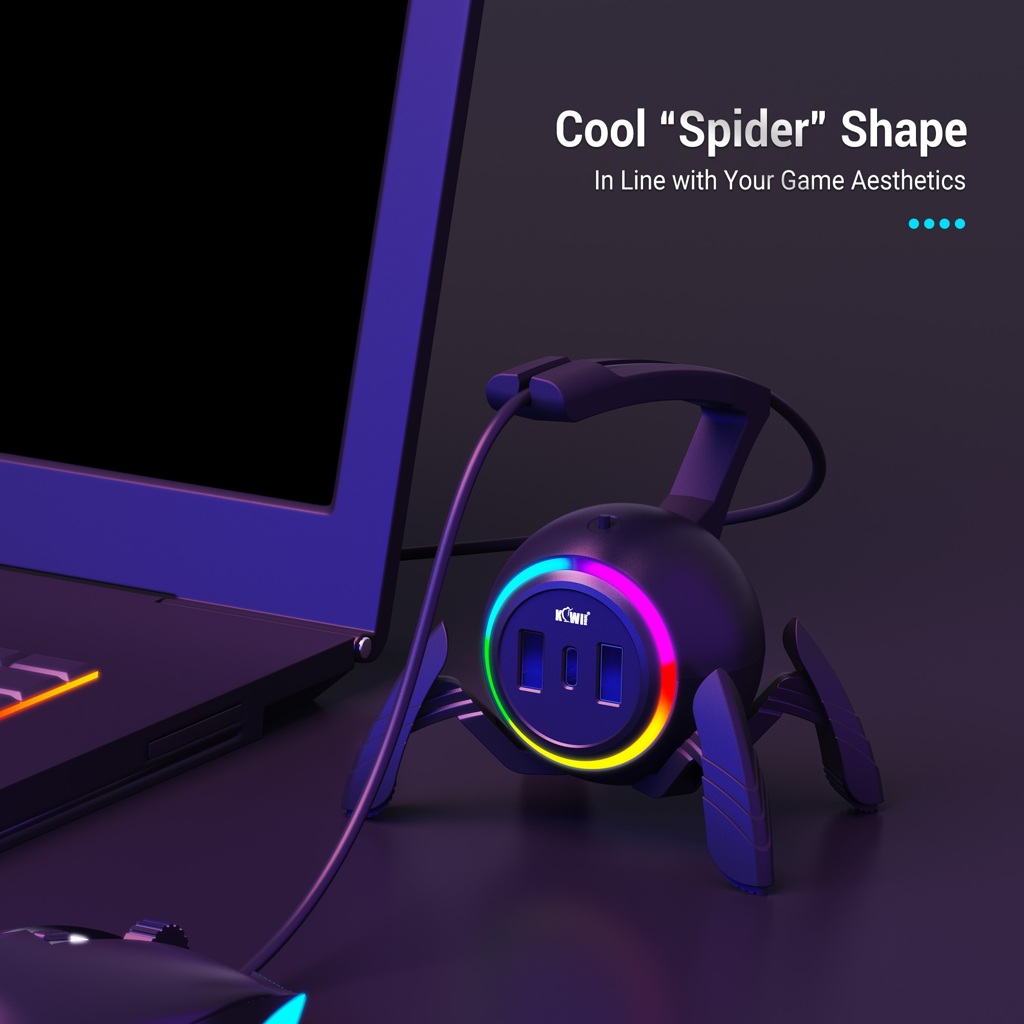 Gaming Mouse Cable Holder Bungee Winder Flexible Cord Clip for Esports Gaming with 2-USB ports+Type-C port