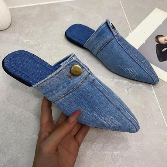 Blue Denim jeans Slippers Pointed Toe Slides Mules Slip On Flats Simple Shoes - Image 2