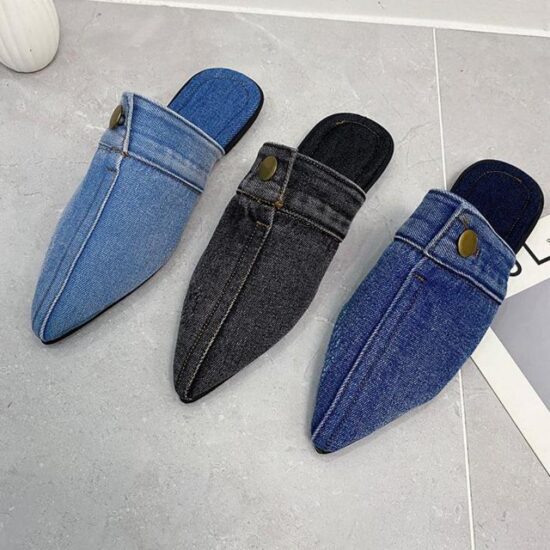 Blue Denim jeans Slippers Pointed Toe Slides Mules Slip On Flats Simple Shoes - Image 3