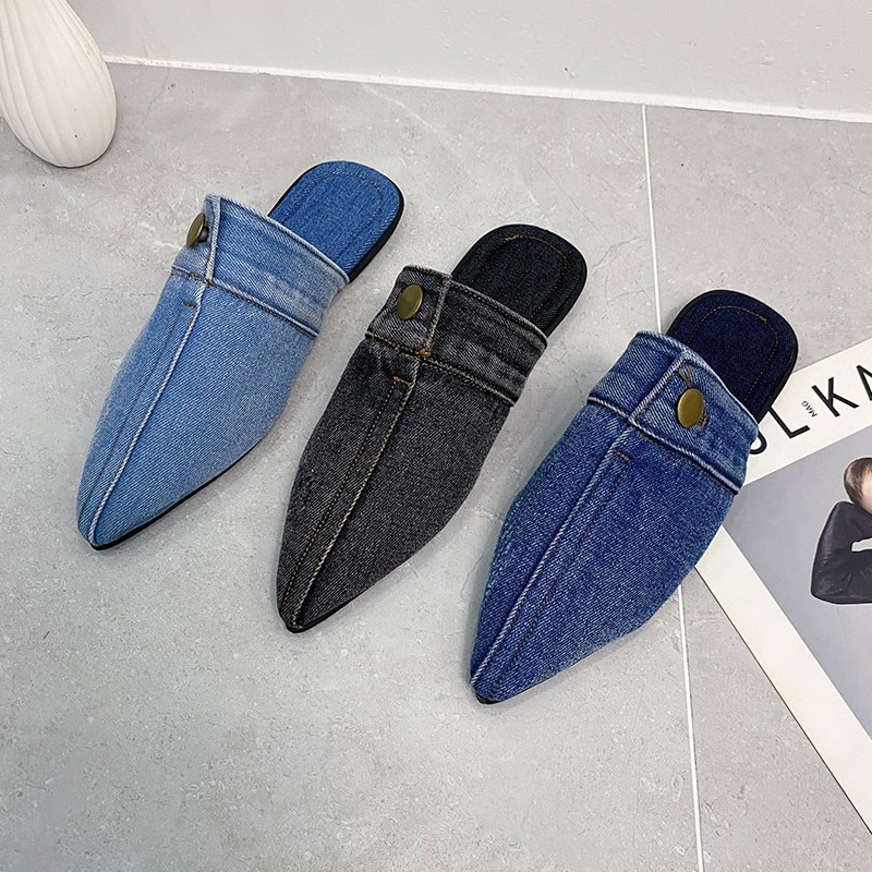 Blue Denim jeans Slippers Pointed Toe Slides Mules Slip On Flats Simple Shoes
